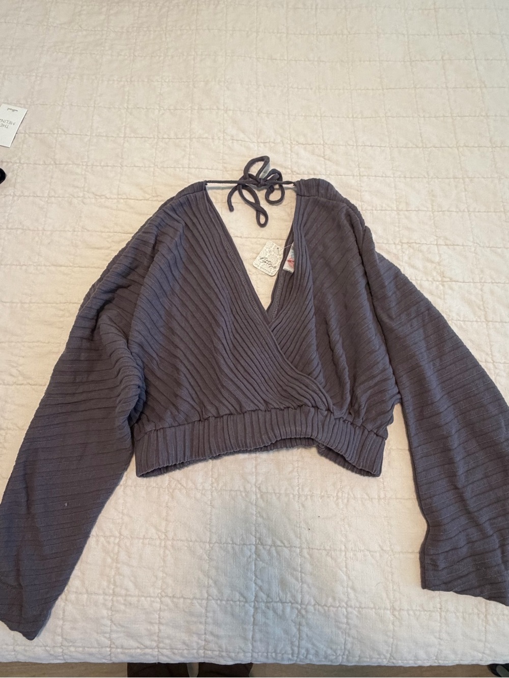 Free People Charcoal Ribbed Wrap Crop Top with Tie